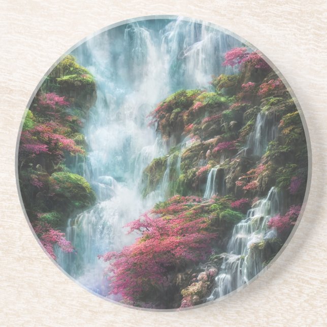 Spring Waterfall Mountain Pink Flowers 11 Coaster (Front)