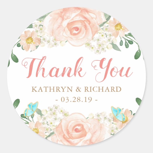 Spring Wedding Favour Blush Peach Flowers Thank Yo Classic Round Sticker (Front)