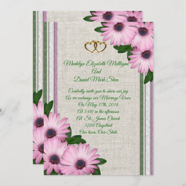 Spring Wedding invitation Daisies on linen (Front/Back)