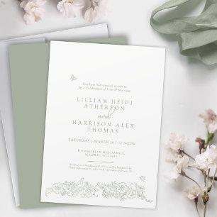 Spring wedding sage green white hand drawn art invitation