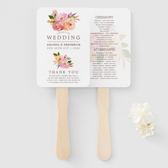 Spring Wedding watercolor flowers Program Hand Fan (Front and Back)