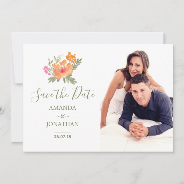 Spring Wedding watercolor flowers Save the Date (Front)