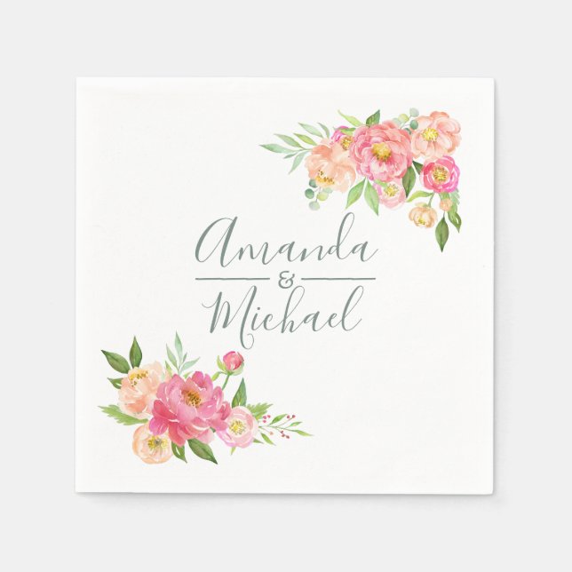 Spring Wedding watercolor Peonies Napkin (Front)
