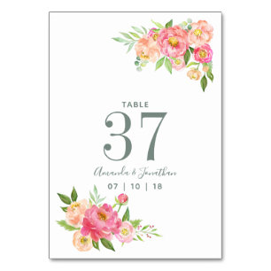 Spring Wedding watercolor Peonies Table Number