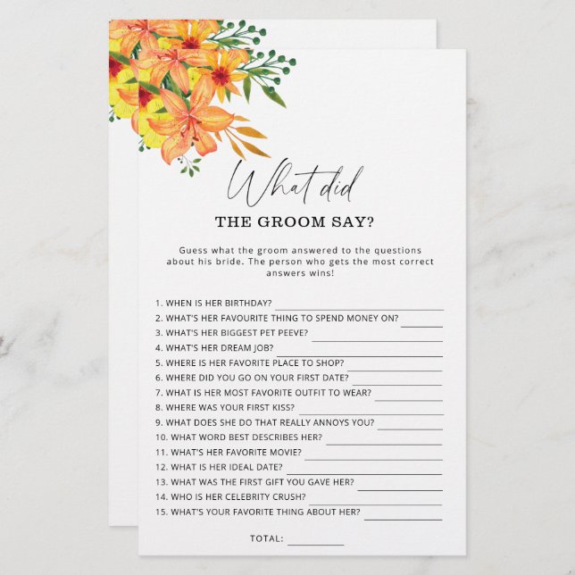 Spring What did the groom say bridal game (Front/Back)