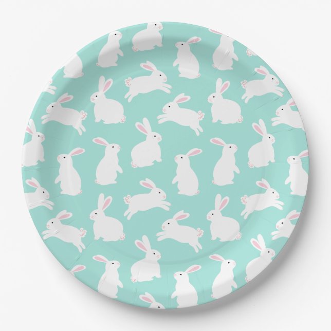 Spring White Bunnies Pattern  Paper Plate (Front)