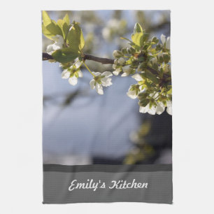 spring white cherry flowering branch tea towel