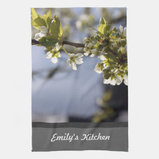spring white cherry flowering branch tea towel