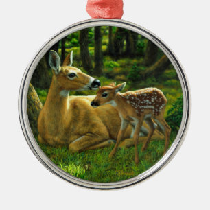 Spring Whitetail Fawn and Mother Deer Metal Tree Decoration