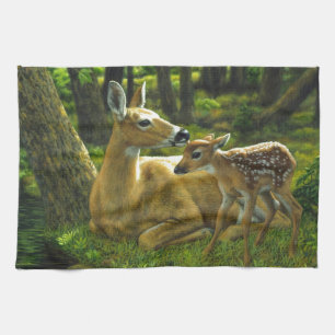Spring Whitetail Fawn and Mother Deer Tea Towel
