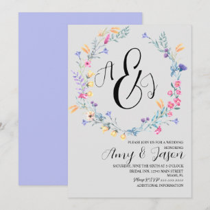 Spring Wild Flower Wreath Pastel Purple Grey Invitation