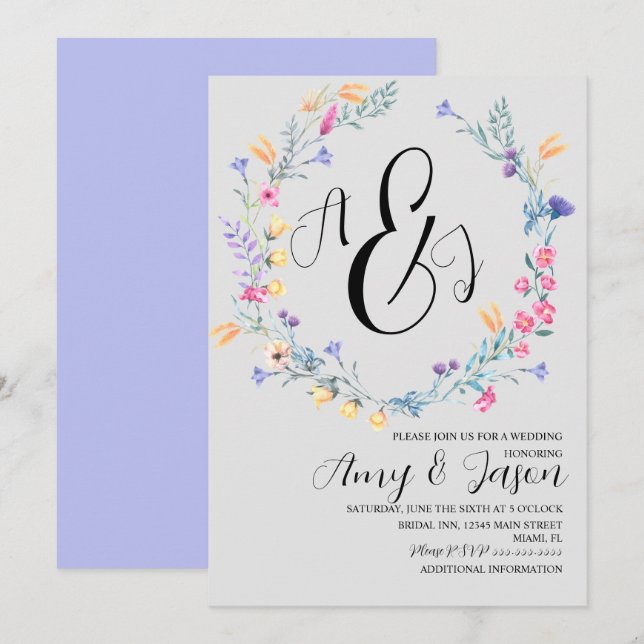 Spring Wild Flower Wreath Pastel Purple Grey Invitation (Front/Back)