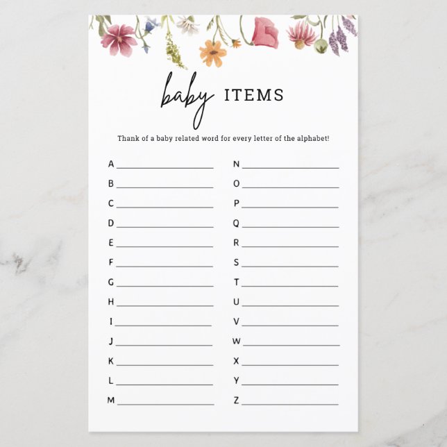 Spring Wildflower Baby Shower Baby Alphabet Game (Front)