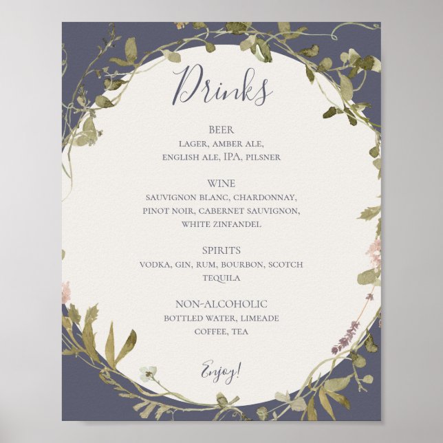 Spring Wildflower Dusty Purple Wedding Drinks Menu Poster (Front)