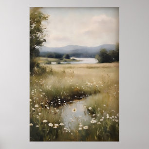 Spring Wildflower Field Digital Painting, Vintage Poster