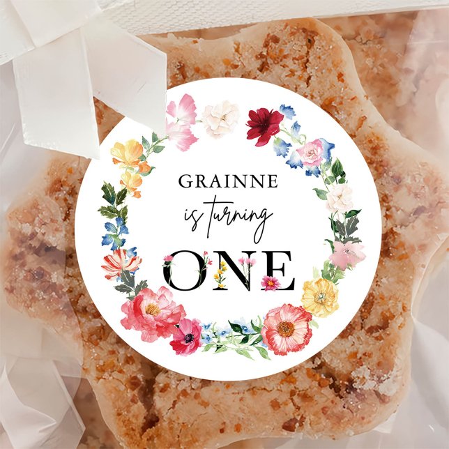 Spring Wildflower First Birthday Party Classic Round Sticker (Creator Uploaded)