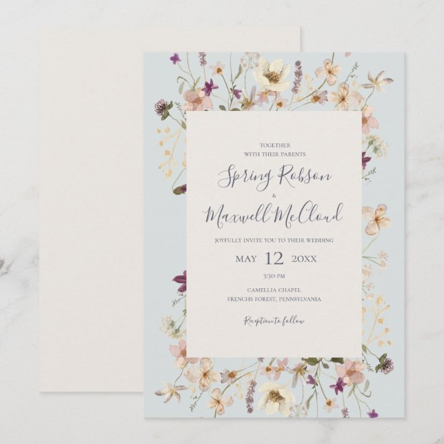 Spring Wildflower Frame Light Blue Casual Wedding Invitation (Front/Back)