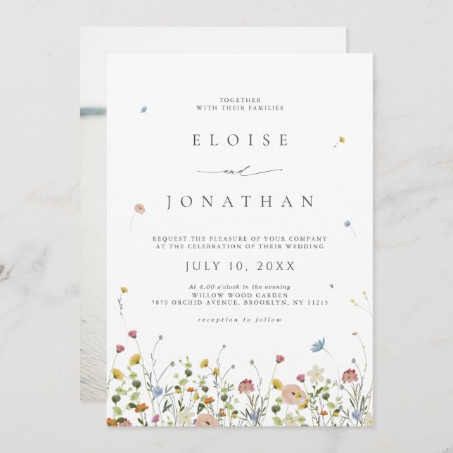 Spring Wildflower Garden Floral Boho Photo Wedding Invitation (Front/Back)