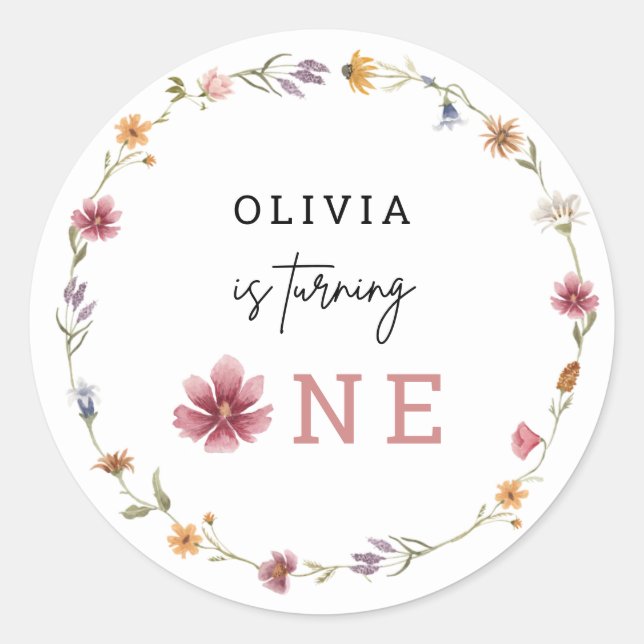 Spring Wildflower Is Turing One 1st Birthday Invit Classic Round Sticker (Front)