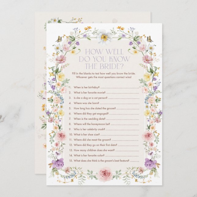 Spring Wildflower Meadow Bridal Shower Game Card (Front/Back)