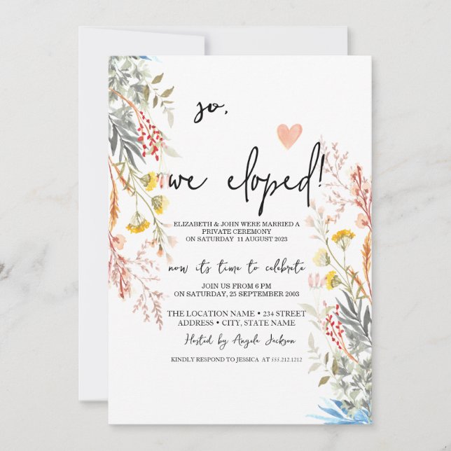 Spring Wildflower Meadow Dried Elopement   Invitation (Front)