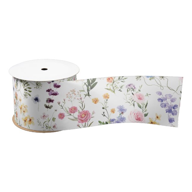 Spring Wildflower Meadow Flower Garden Greenery Satin Ribbon (Spool)