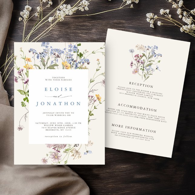 Spring Wildflower Meadow Garden Details Wedding   Invitation (Colorful Spring Wildflower Meadow Garden All in one Wedding invitation with details on back)