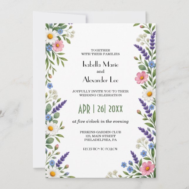 Spring Wildflower Modern Wedding QR Code  Invitation (Front)