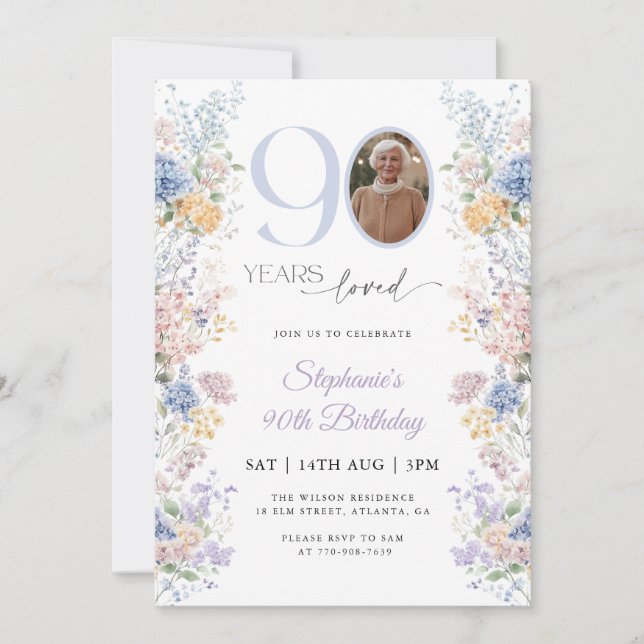 Spring Wildflower Photo 90th Birthday Invitation (Front)