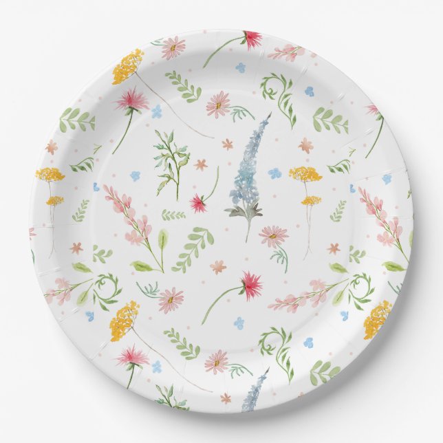 Spring Wildflower Pink Garden Floral Watercolor Paper Plate (Front)