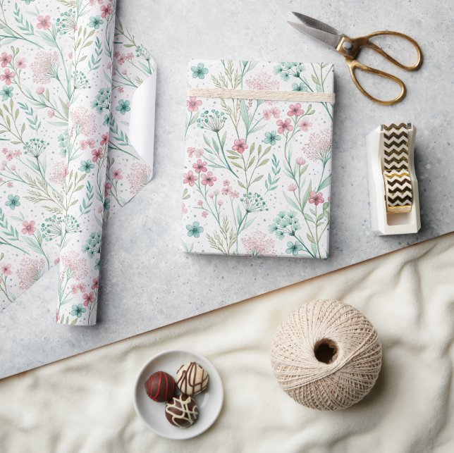 Spring Wildflower Print Blush & Soft Green Art Wrapping Paper (Crafts)