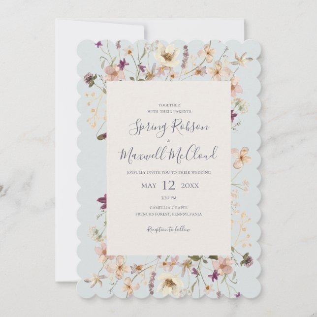 Spring Wildflower Scalloped Light Blue Wedding Invitation (Front)