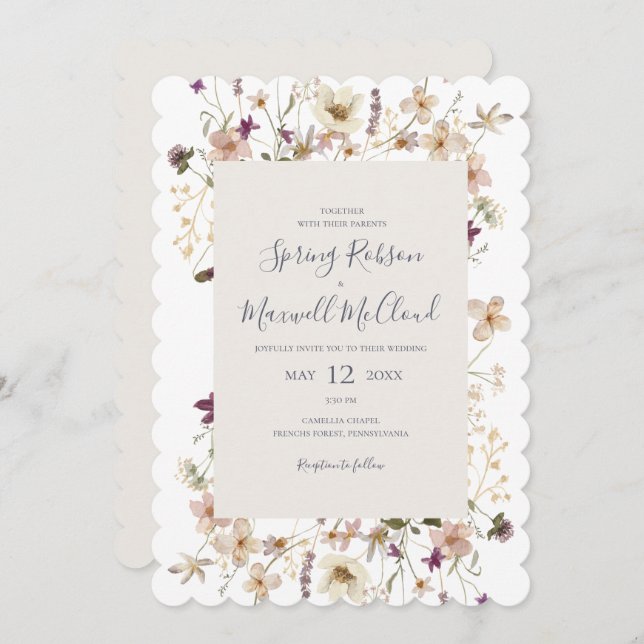 Spring Wildflower Scalloped White Casual Wedding Invitation (Front/Back)