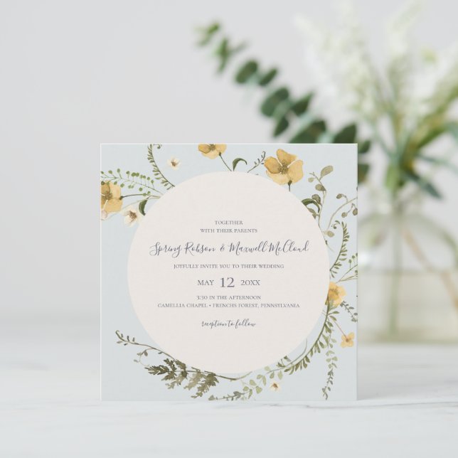 Spring Wildflower Wreath Light Blue Square Wedding Invitation (Standing Front)