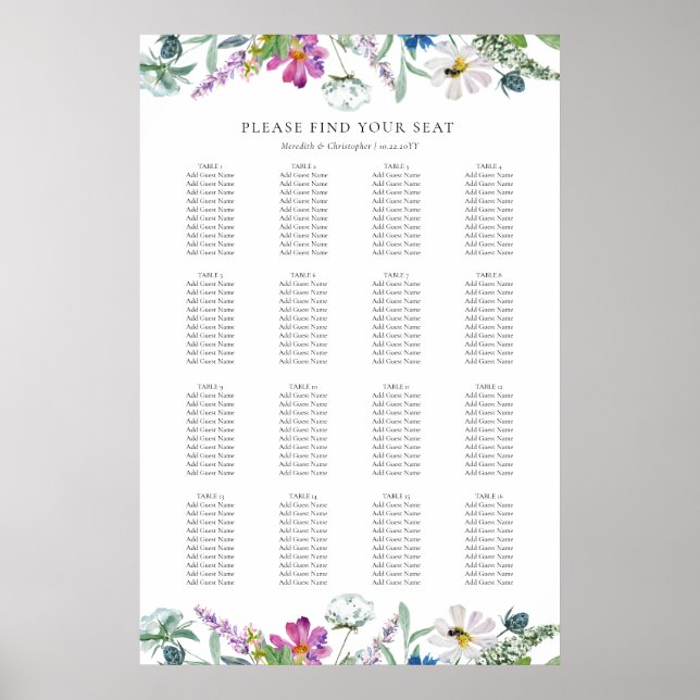 Spring Wildflowers 16 Table Wedding Seating Chart (Front)