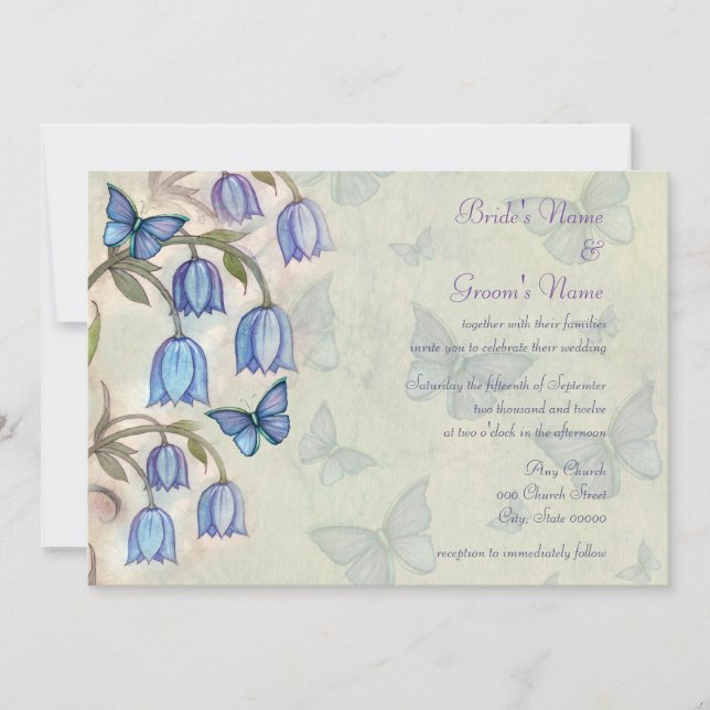 Spring Wildflowers and Blue Butterflies Wedding Invitation (Front)