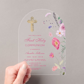 Spring Wildflowers Arch First Communion Acrylic Invitations