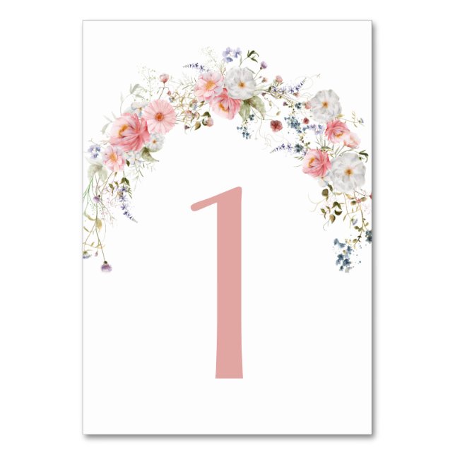 Spring Wildflowers Arch Pink White Wedding Table Number (Front)