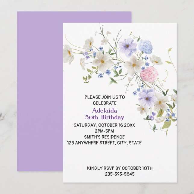 Spring Wildflowers Boho Purple Pink Flowers  Invitation (Front/Back)