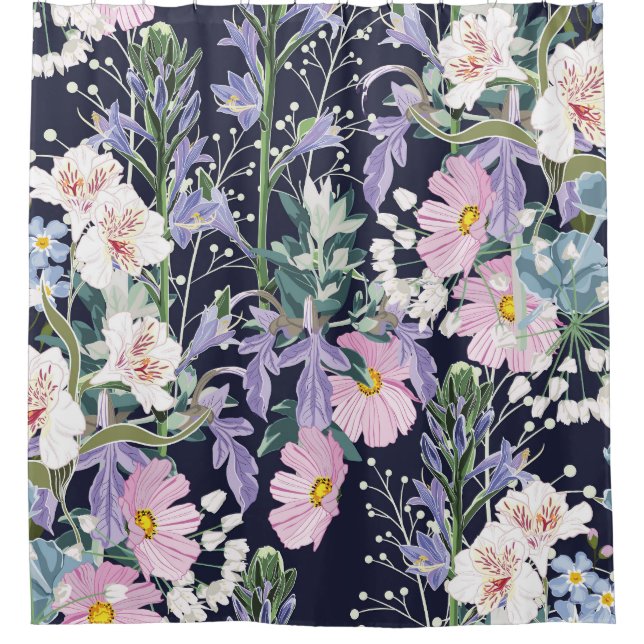 Spring Wildflowers: Dark Blue Vintage. Shower Curtain (Front)