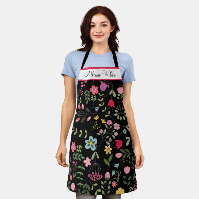 Spring Wildflowers Florals on Black Personalised Apron (Worn)