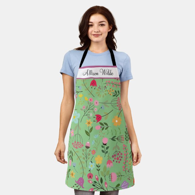 Spring Wildflowers Florals on Sage Personalised Apron (Worn)