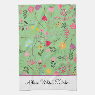 Spring Wildflowers Florals on Sage Personalised Tea Towel
