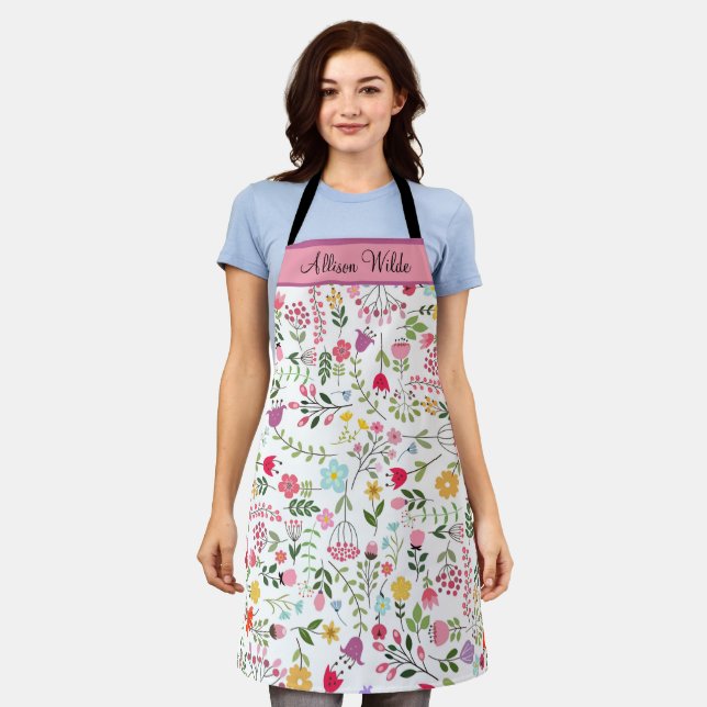 Spring Wildflowers Florals on White Personalised Apron (Worn)