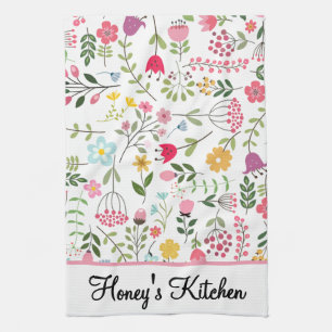 Spring Wildflowers Florals on White Personalised Tea Towel