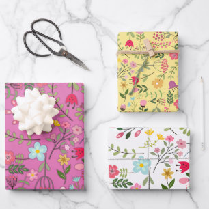 Spring Wildflowers on White, Purple, and Yellow  Wrapping Paper Sheet