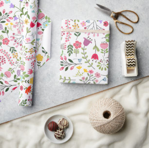 Spring Wildflowers on White Wrapping Paper