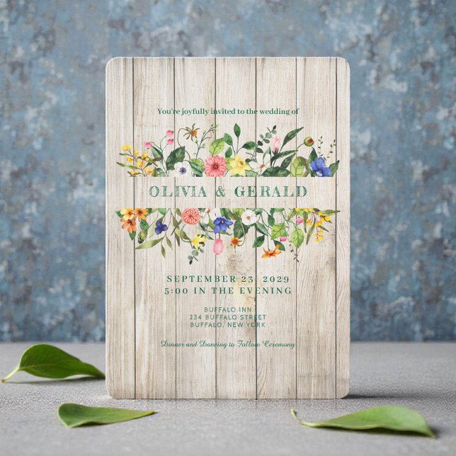 Spring Wildflowers on Wood Wedding Invitation  (Creator Uploaded)