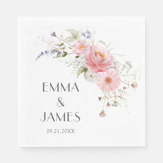 Spring Wildflowers Pink White Wedding Napkins (Front)