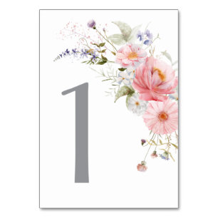 Spring Wildflowers Pink White Wedding Table Number